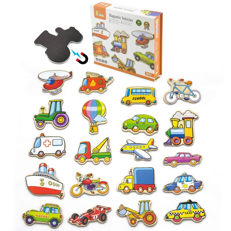 Drewniane magnesy pojazdy zestaw, zabawka dla dzieci, Viga