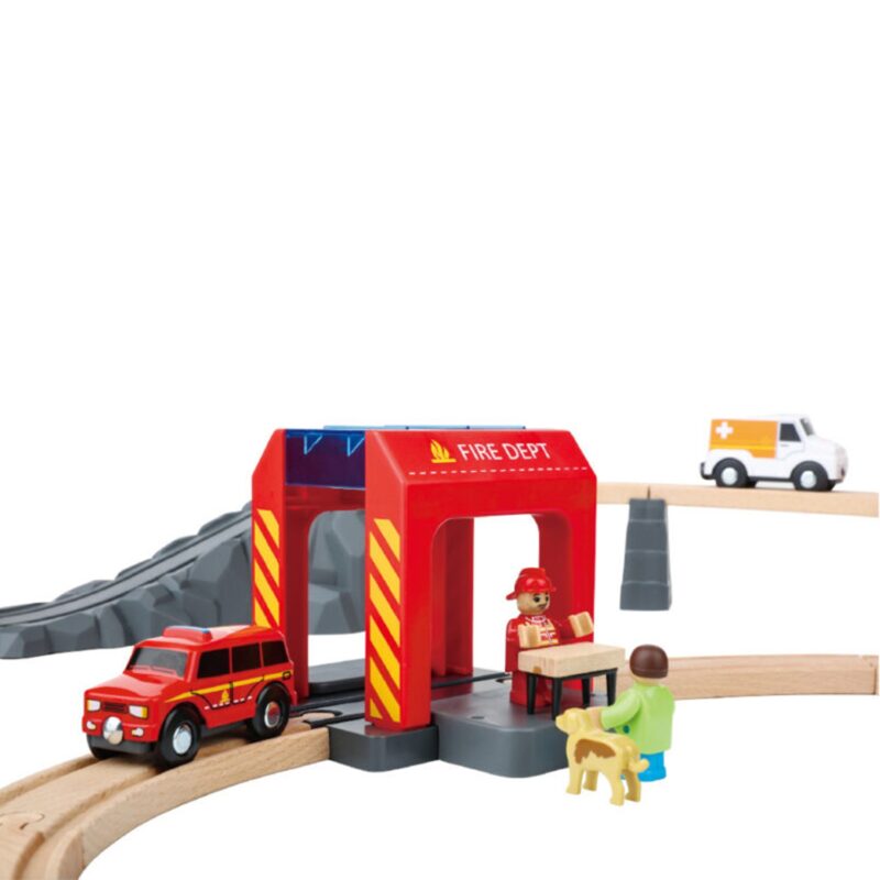Drewniana kolejka staż pożarna ambulans 70 el., zabawka dla dzieci, Tooky Toy