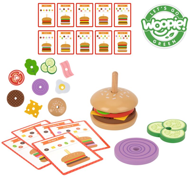 Green drewniany burger restauracja układanka dla dzieci 15 el. certyfikat FSC, zabawka dla dzieci, Woopie