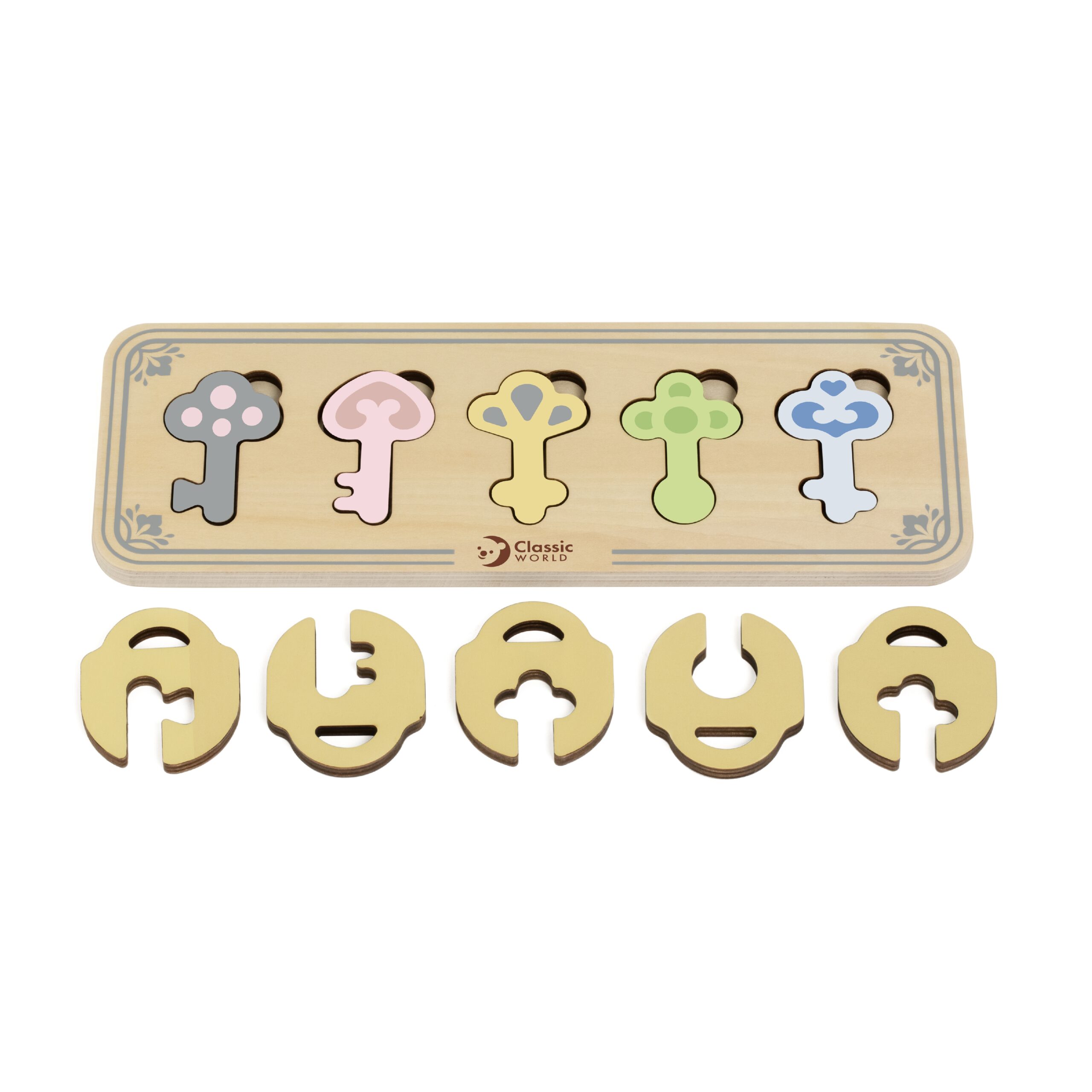 Drewniana układanka Montessori sensoryczna klucze i zamki do dopasowania, zabawka dla dzieci, Classic World