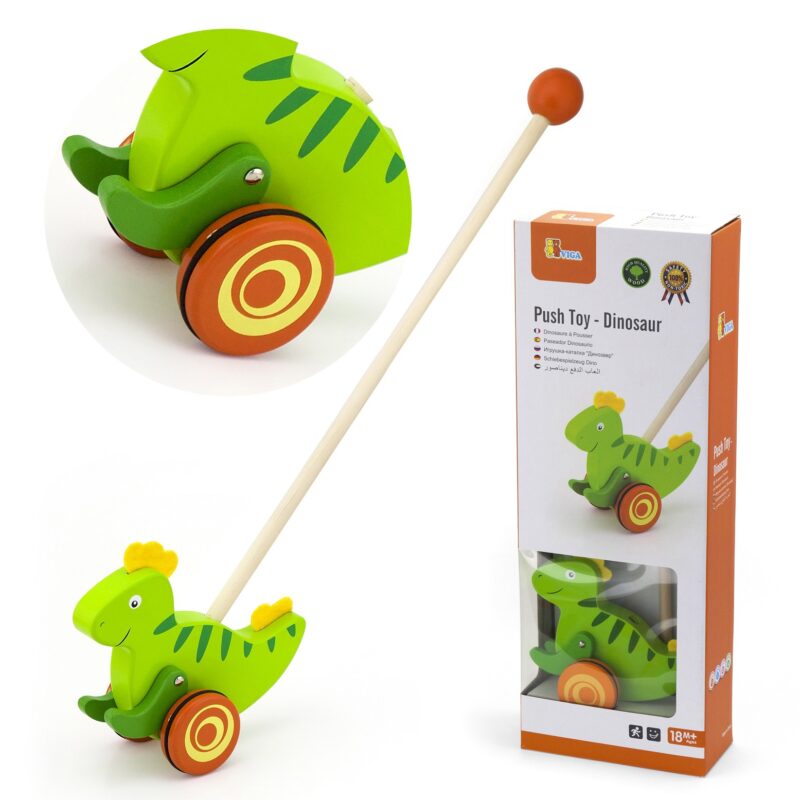 Drewniany pchacz dinozaur, zabawka dla dzieci, Viga Toys