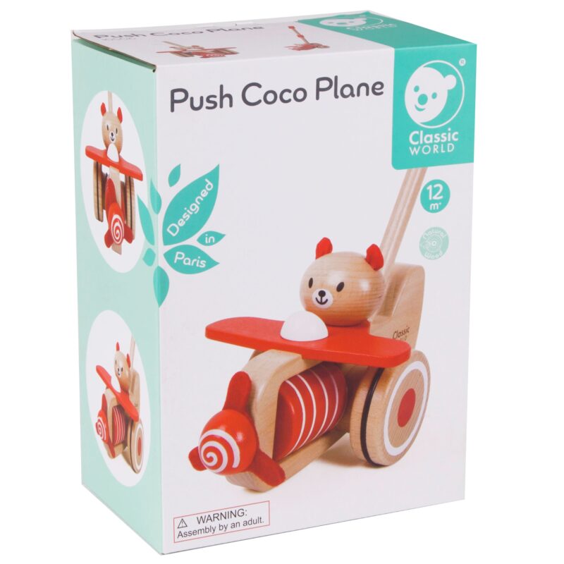 Drewniany pchacz samolot miś coco Classic World, zabawka dla dzieci