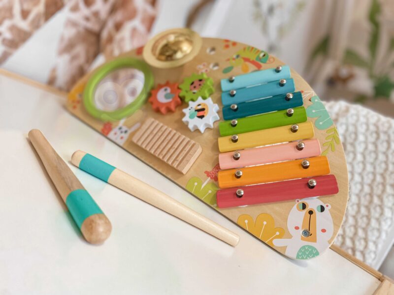 Wielofunkcyjny instrument - centrum muzyczne - ksylofon, zębatki, tarka, bębenek, talerz, pałeczki, zabawka dla dzieci, Tooky Toy