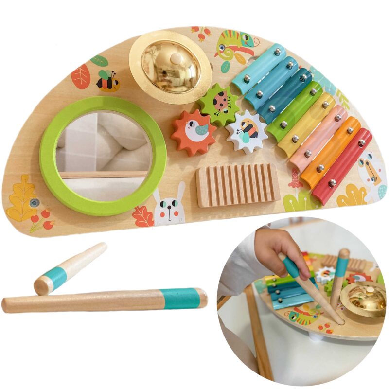 Wielofunkcyjny instrument - centrum muzyczne - ksylofon, zębatki, tarka, bębenek, talerz, pałeczki, zabawka dla dzieci, Tooky Toy