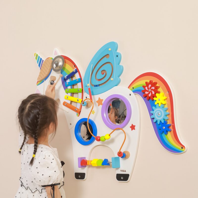 Drewniana tablica sensoryczna manipulacyjna jednorożec certyfikat FSC Montessori, zabawka dla dzieci, Viga