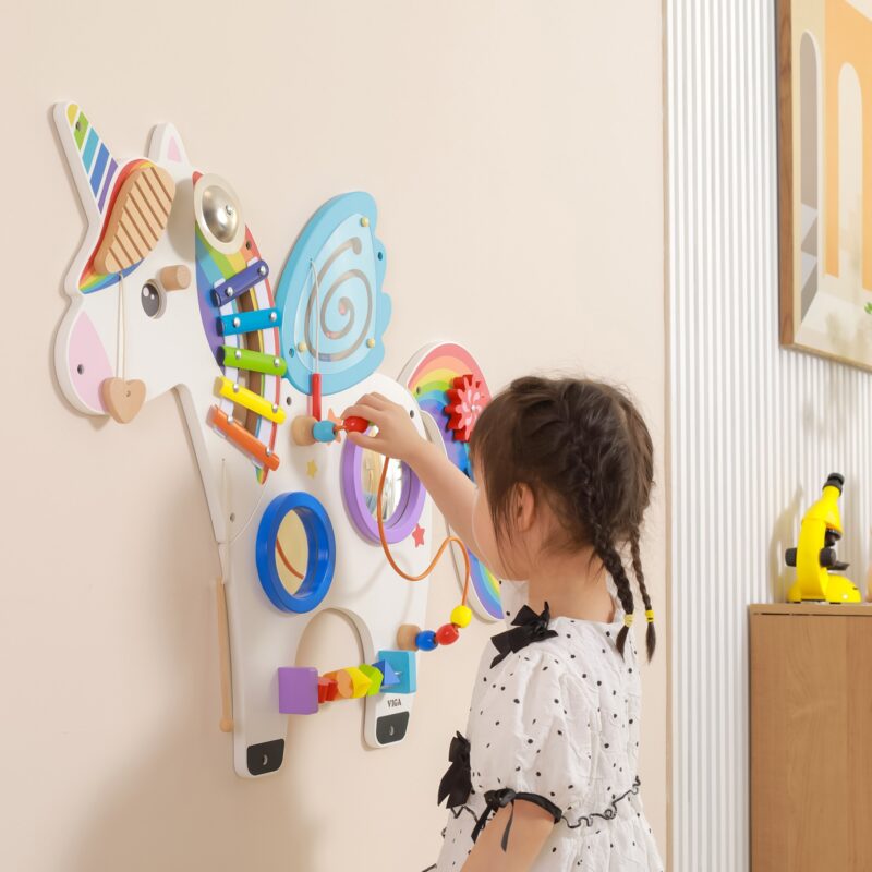 Drewniana tablica sensoryczna manipulacyjna jednorożec certyfikat FSC Montessori, zabawka dla dzieci, Viga