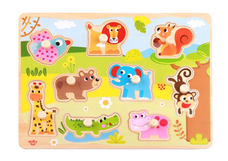 Drewniane puzzle Montessori zwierzęta z pinezkami do dopasowania, zabawka dla dzieci, Tooky Toy