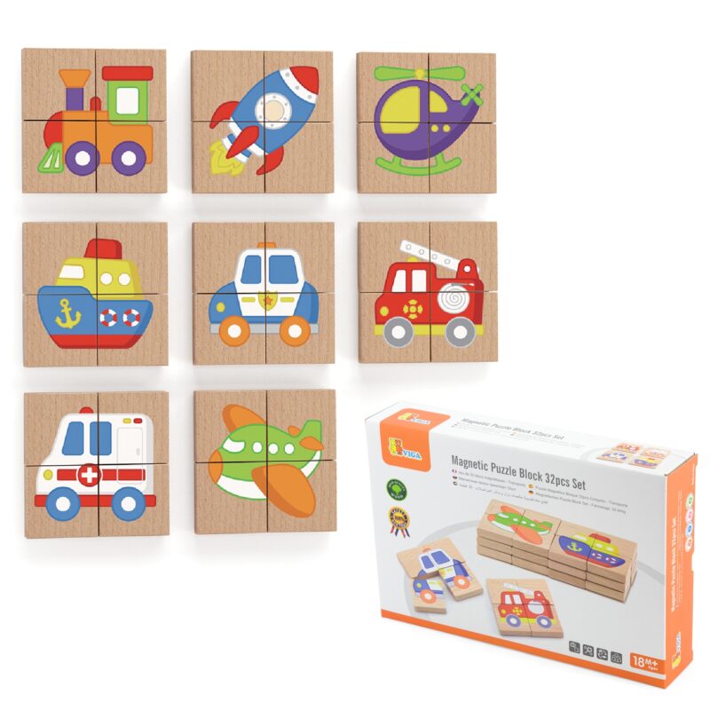 Układanka drewniana puzzle magnetyczne - pojazdy certyfikat FSC, zabawka dla dzieci, Viga