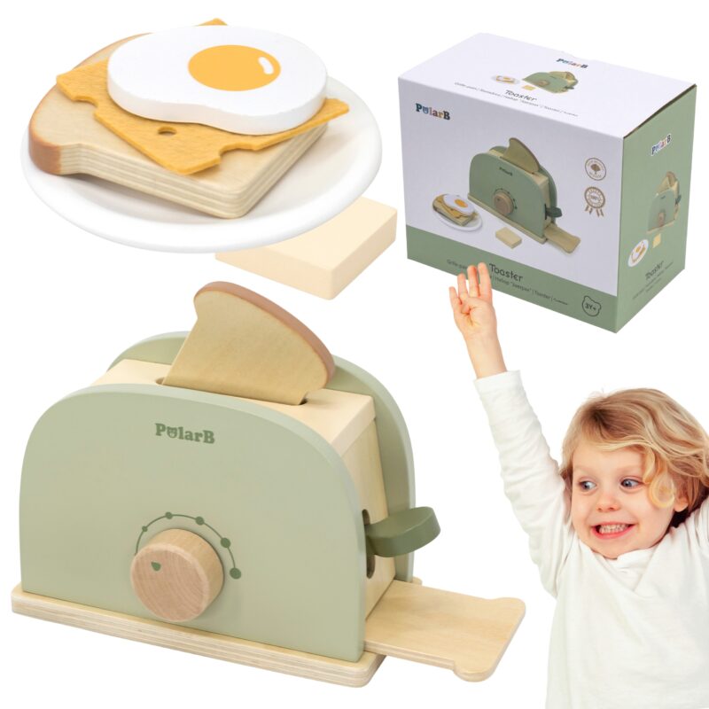 Drewniany zestaw toster zielony + akcesoria, zabawka dla dzieci, Viga PolarB