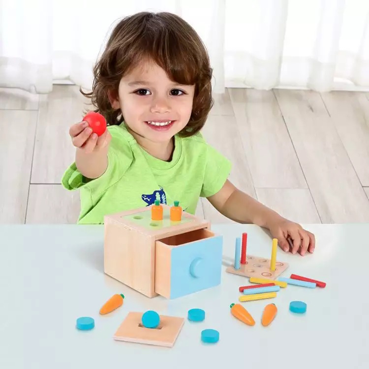 Drewniana kostka edukacyjna szuflada pudełko Montessori sorter nauka kolorów 4w1, zabawka dla dzieci, Tooky Toy