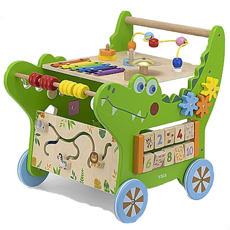 Drewniany pchacz edukacyjny krokodylek 12w1, zabawka dla dzieci, Viga