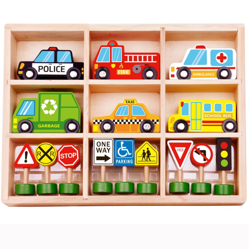 Zestaw drewnianych pojazdów i znaków drogowych, zabawka dla dzieci, Tooky Toy
