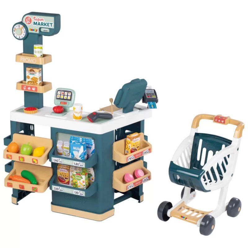 Sklep supermarket z wózkiem elektroniczną kasą ze skanerem, zabawka dla dzieci, Smoby