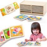 Puzzle drewniane 12 plansz po 4 puzzle w stojaku Viga Toys, zabawka dla dzieci