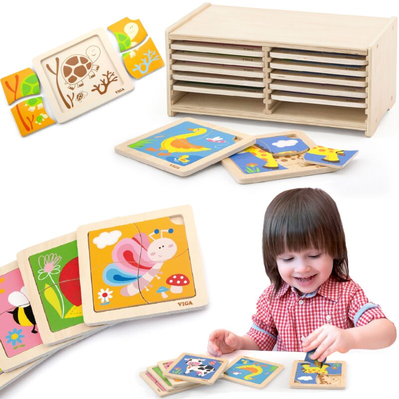 Puzzle drewniane 12 plansz po 4 puzzle w stojaku Viga Toys, zabawka dla dzieci