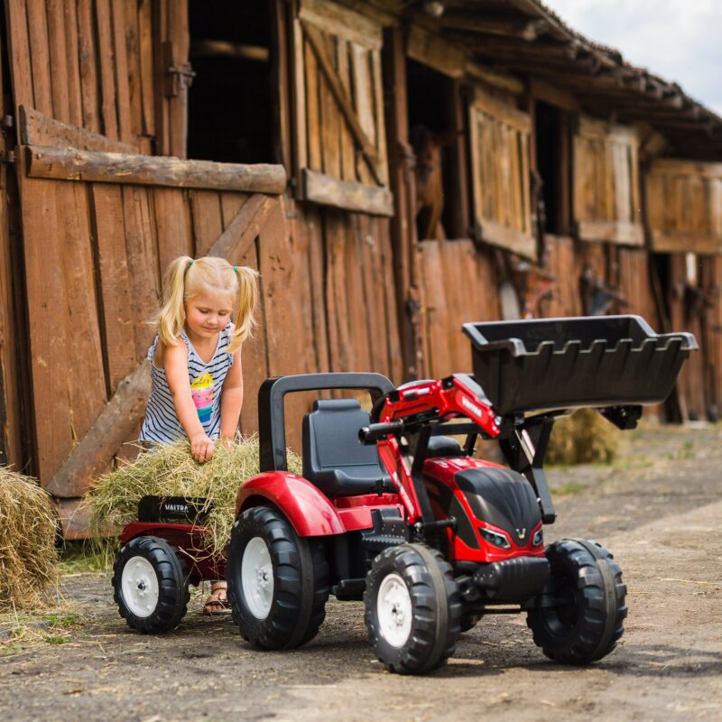 Traktor valtra bordowy na pedały z przyczepką i łyżką od 3 lat, zabawka dla dzieci, FALK
