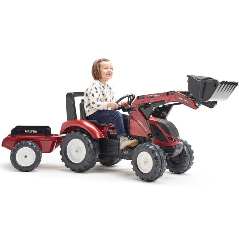 Traktor valtra bordowy na pedały z przyczepką i łyżką od 3 lat, zabawka dla dzieci, FALK