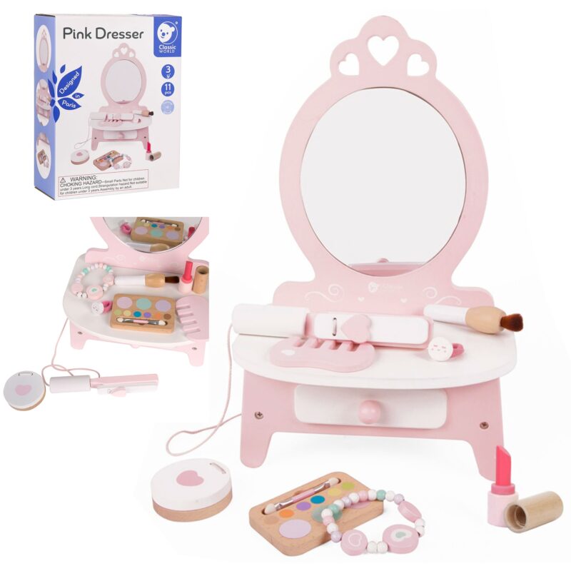 Drewniana toaletka dla dziewczynki z lustrem + 11 akc, zabawka dla dzieci, Classic World