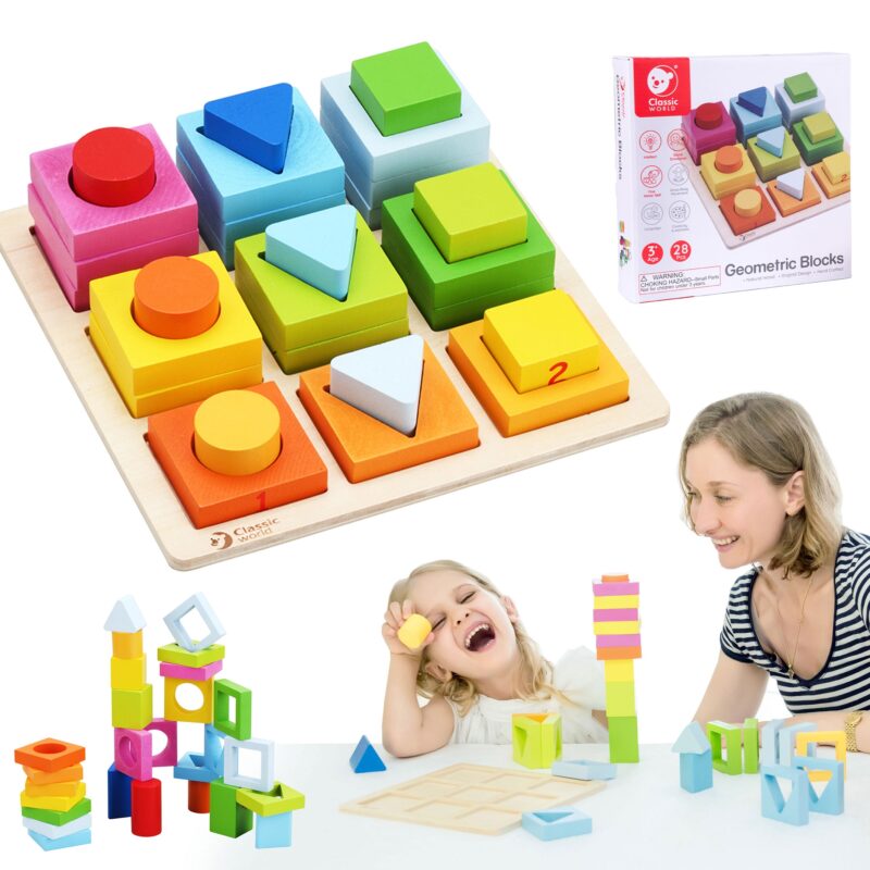 Układanka nauka kształtów i liczenia 5w1 domino sorter Montessori 28 el., zabawka dla dzieci, Classic World