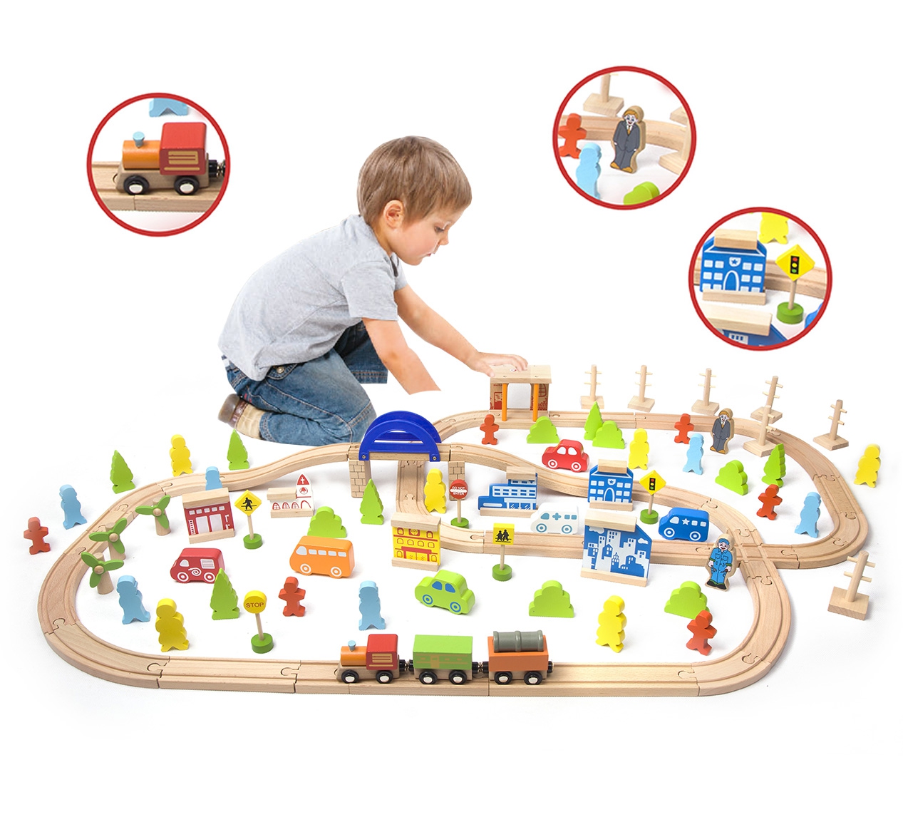 Zestaw kolejka tor drewniany pociąg + figurki 110 el., zabawka dla dzieci, Classic World