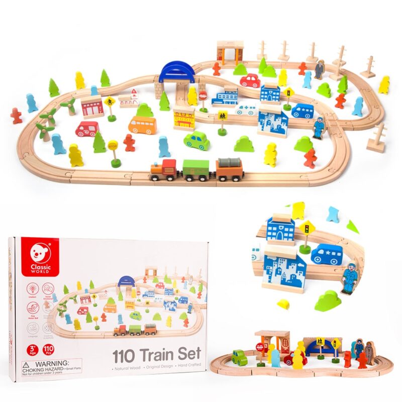 Zestaw kolejka tor drewniany pociąg + figurki 110 el., zabawka dla dzieci, Classic World